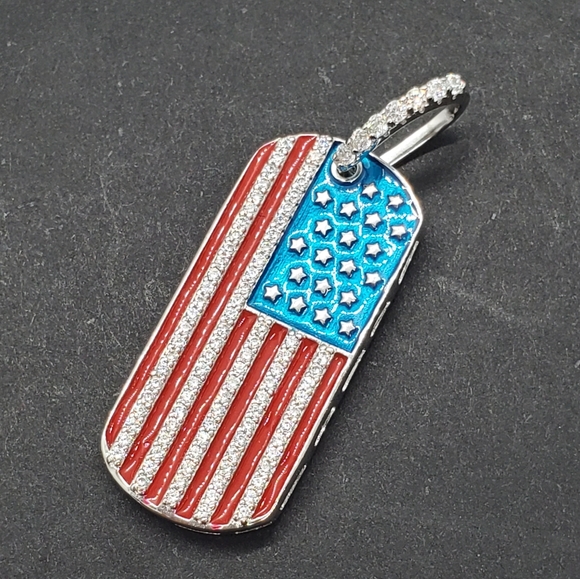 Sterling Silver 925 Rhodium Plated CZ American Flag Dog Tag Pendant - Picture 6 of 7